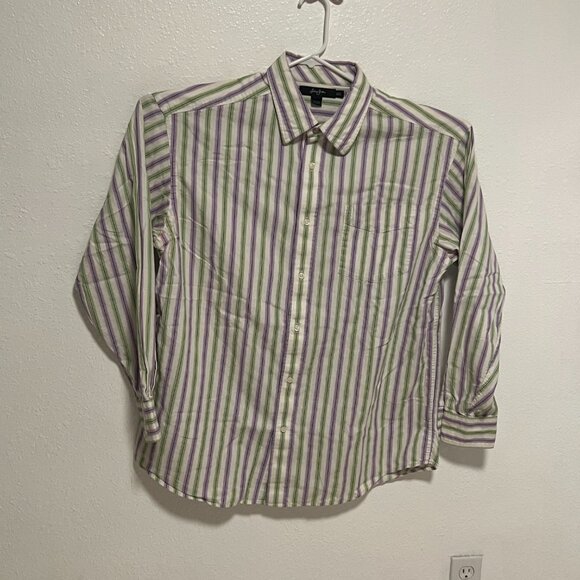 Sean John Shirt Long Sleeve Button White w/ Purple Green Stripes Men's size XXL - Picture 6 of 7